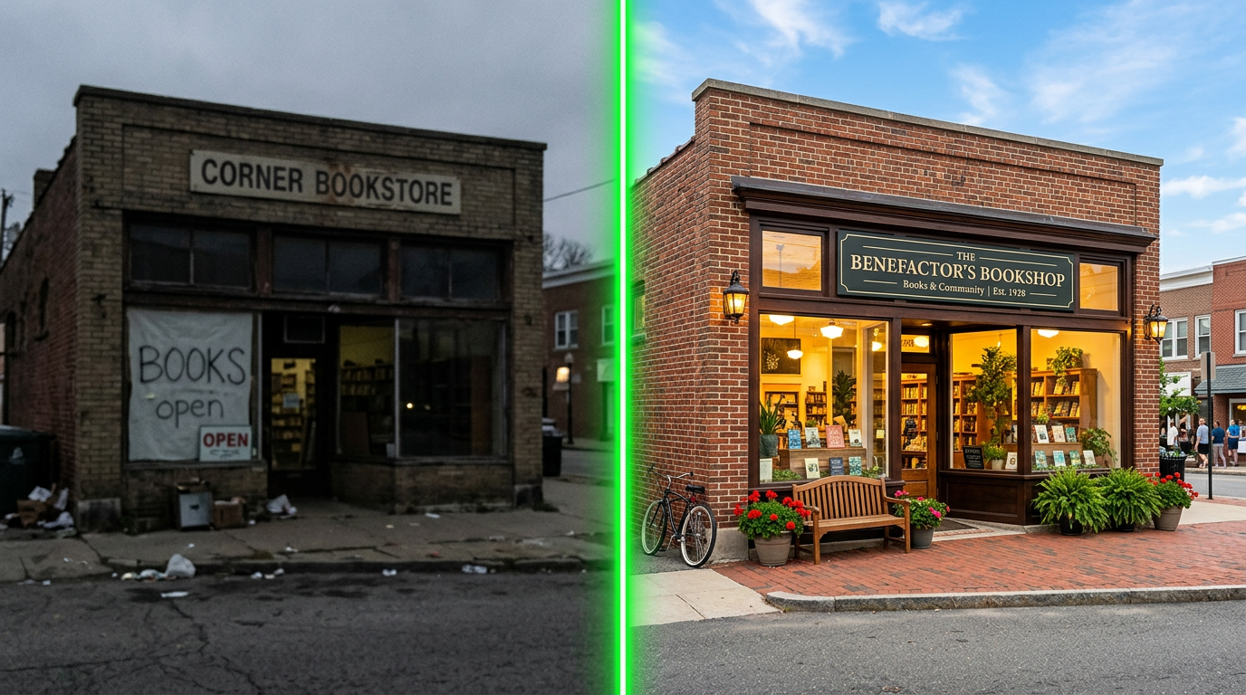 Before and after comparison: a real business's dark blurry Google photo transformed into a professional storefront image