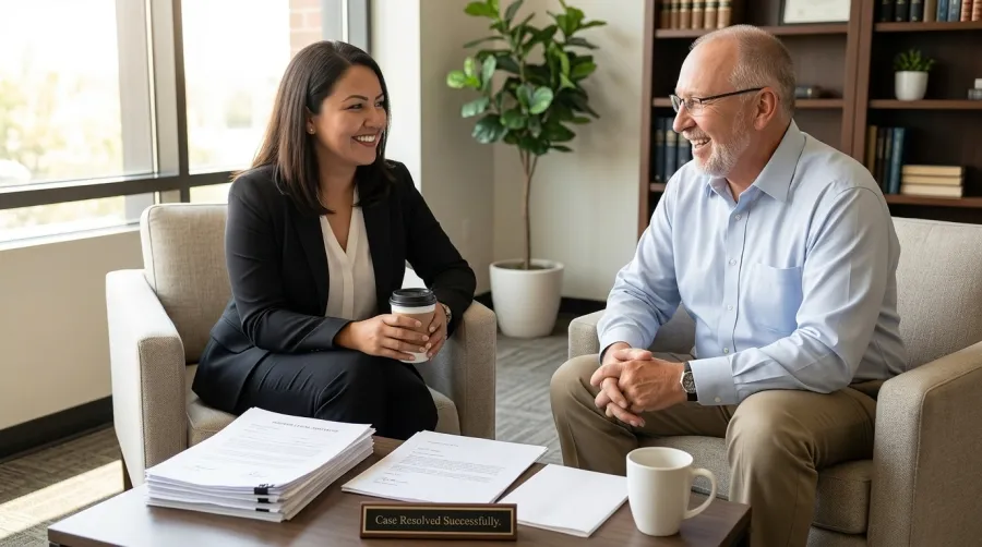 A professional and a client celebrating a successful outcome in a bright office lounge, representing the value businesses already place on professional imagery