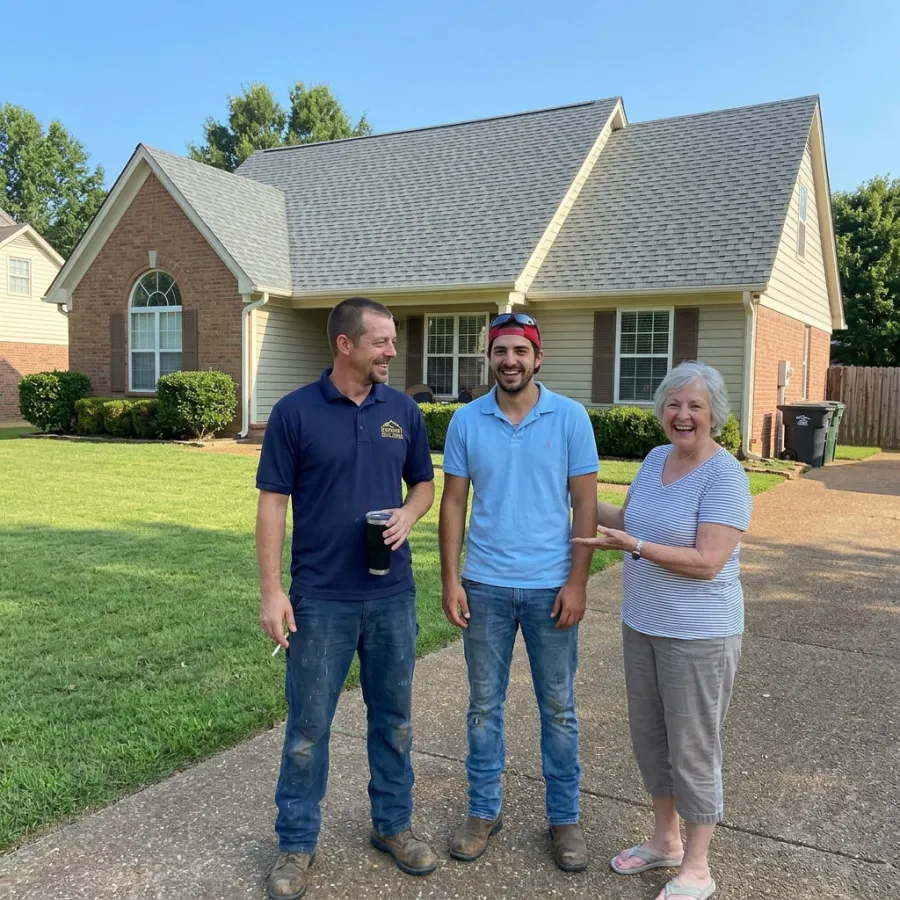 A satisfied customer with two smiling service workers in front of a home, showing customer satisfaction